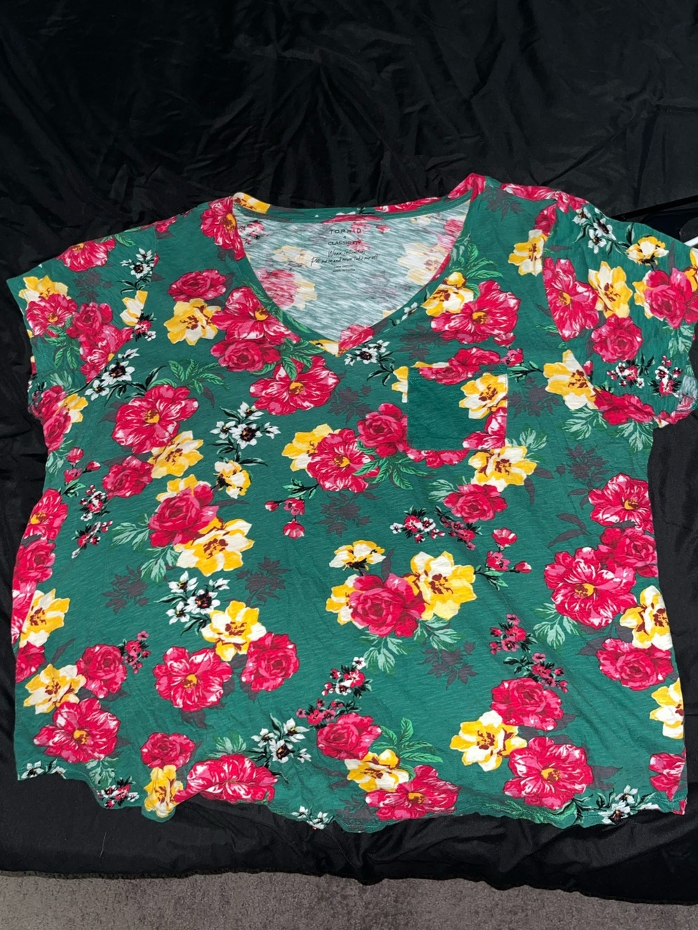 torrid Green V-Neck Floral Tee with Pink & Yellow Blooms